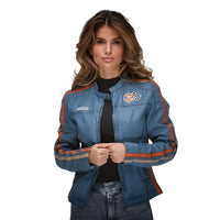 Women's Gulf Lambskin Leather Racing Jacket in Vintage Gulf Blue