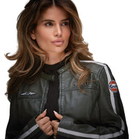 Women's Gulf Lambskin Leather Racing Jacket in Classic GP Olive