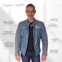 Men's Gulf Lambskin Leather Racing Jacket in Vintage Gulf Blue