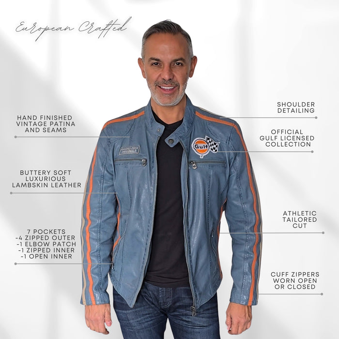 Men's Gulf Lambskin Leather Racing Jacket in Vintage Gulf Blue