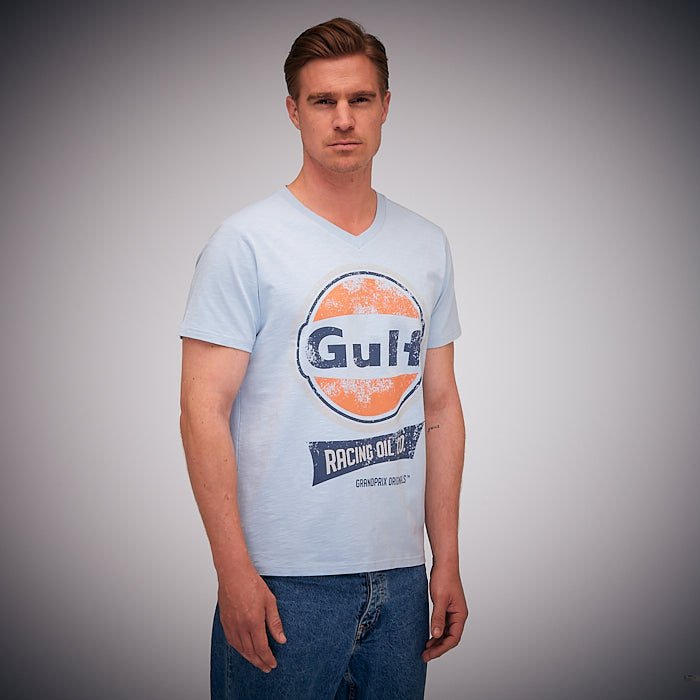 Gulf Racing Oil V-Neck T-Shirt in Gulf Blue