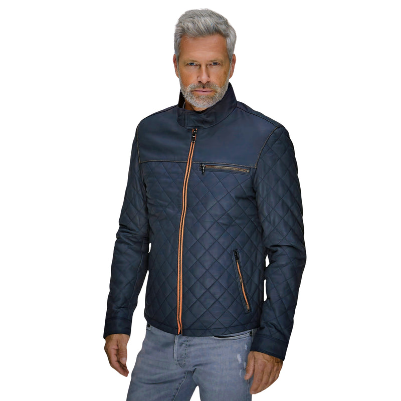 Men's Belrose Lambskin Leather Jacket in Contrast Indigo-Orange