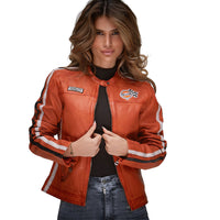 Women's Gulf Lambskin Leather Racing Jacket in Vintage GT Orange