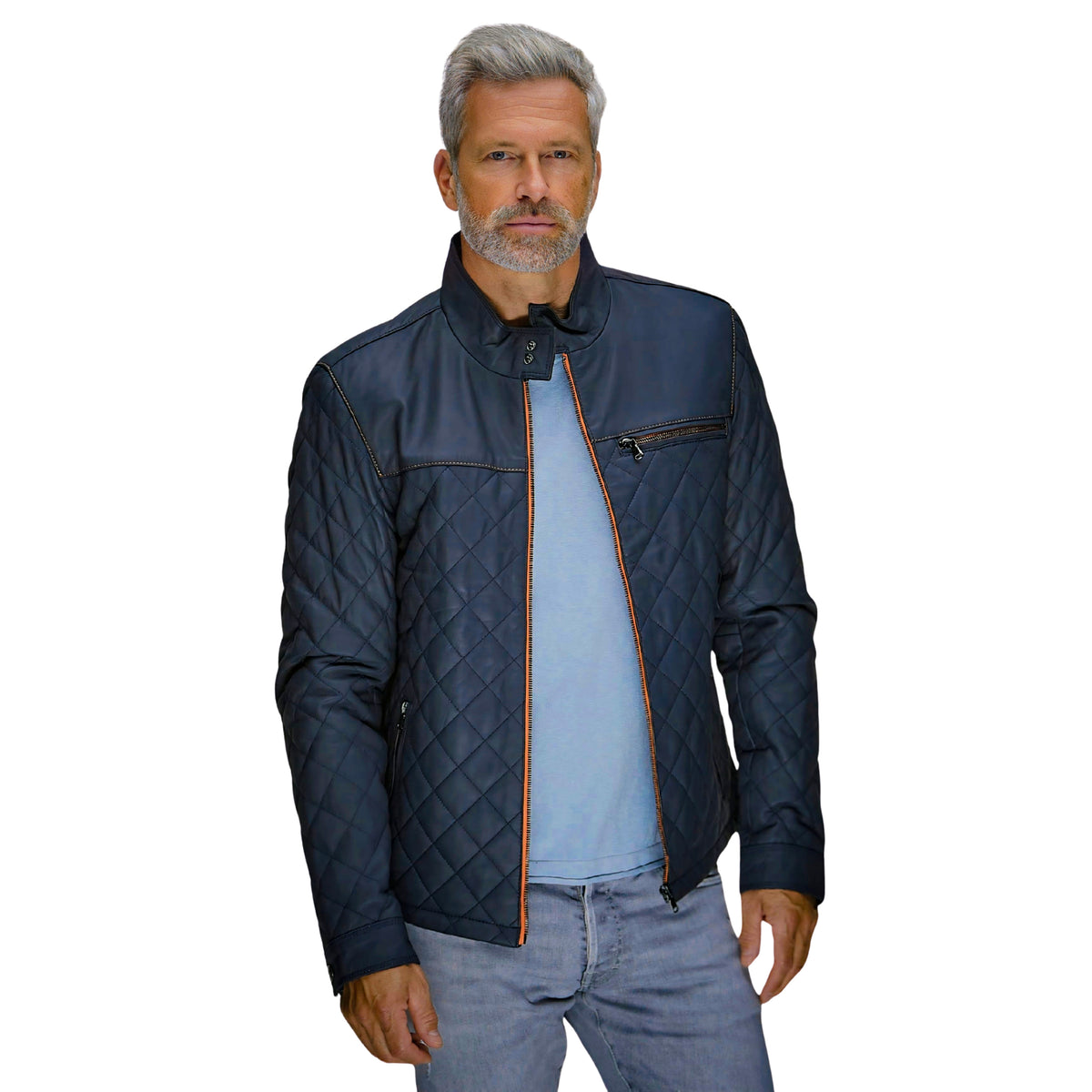 Men's Belrose Lambskin Leather Jacket in Contrast Indigo-Orange