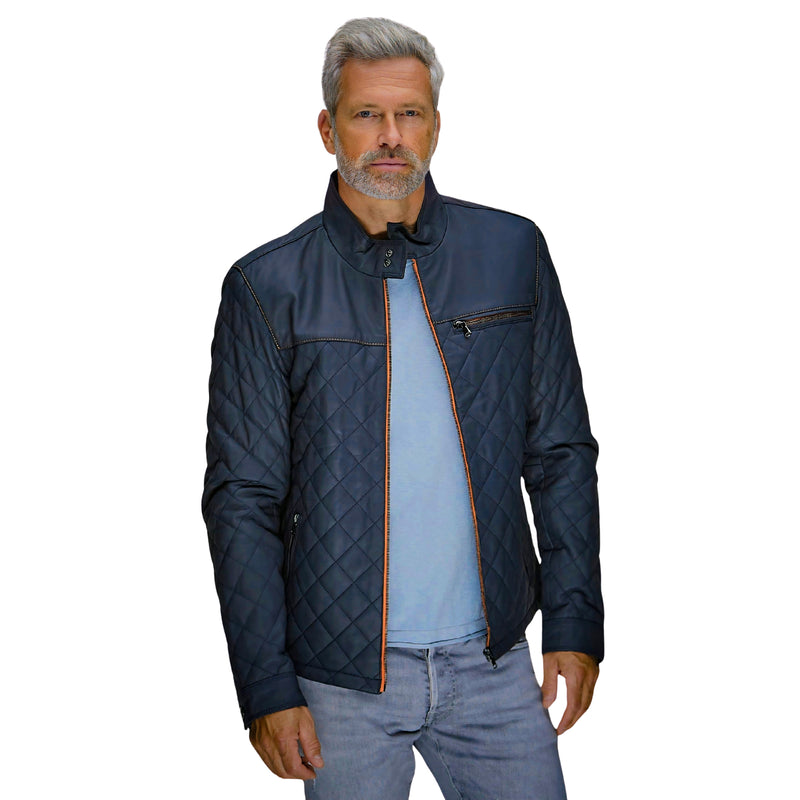 Men's Belrose Lambskin Leather Jacket in Contrast Indigo-Orange