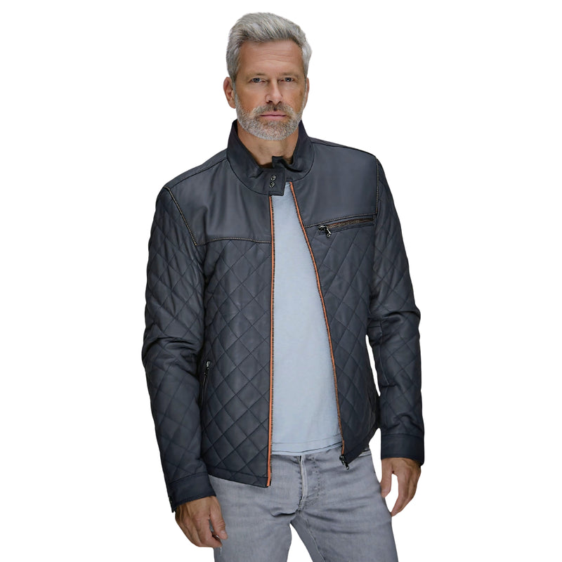Men's Belrose Lambskin Leather Jacket in Contrast Indigo-Orange