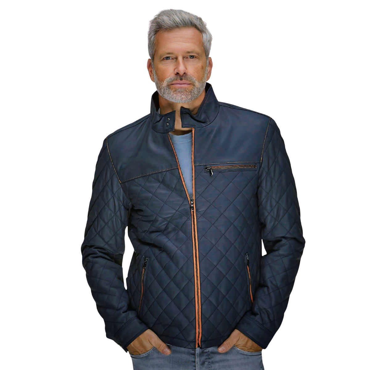 Men's Belrose Lambskin Leather Jacket in Contrast Indigo-Orange