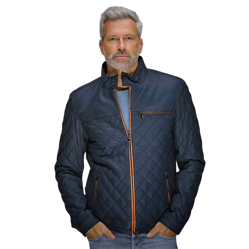 Men's Belrose Lambskin Leather Jacket in Contrast Indigo-Orange