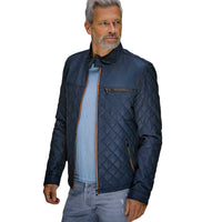 Men's Belrose Lambskin Leather Jacket in Contrast Indigo-Orange