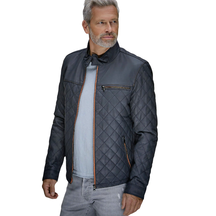 Men's Belrose Lambskin Leather Jacket in Contrast Indigo-Orange