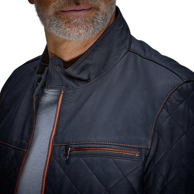 Men's Belrose Lambskin Leather Jacket in Contrast Indigo-Orange