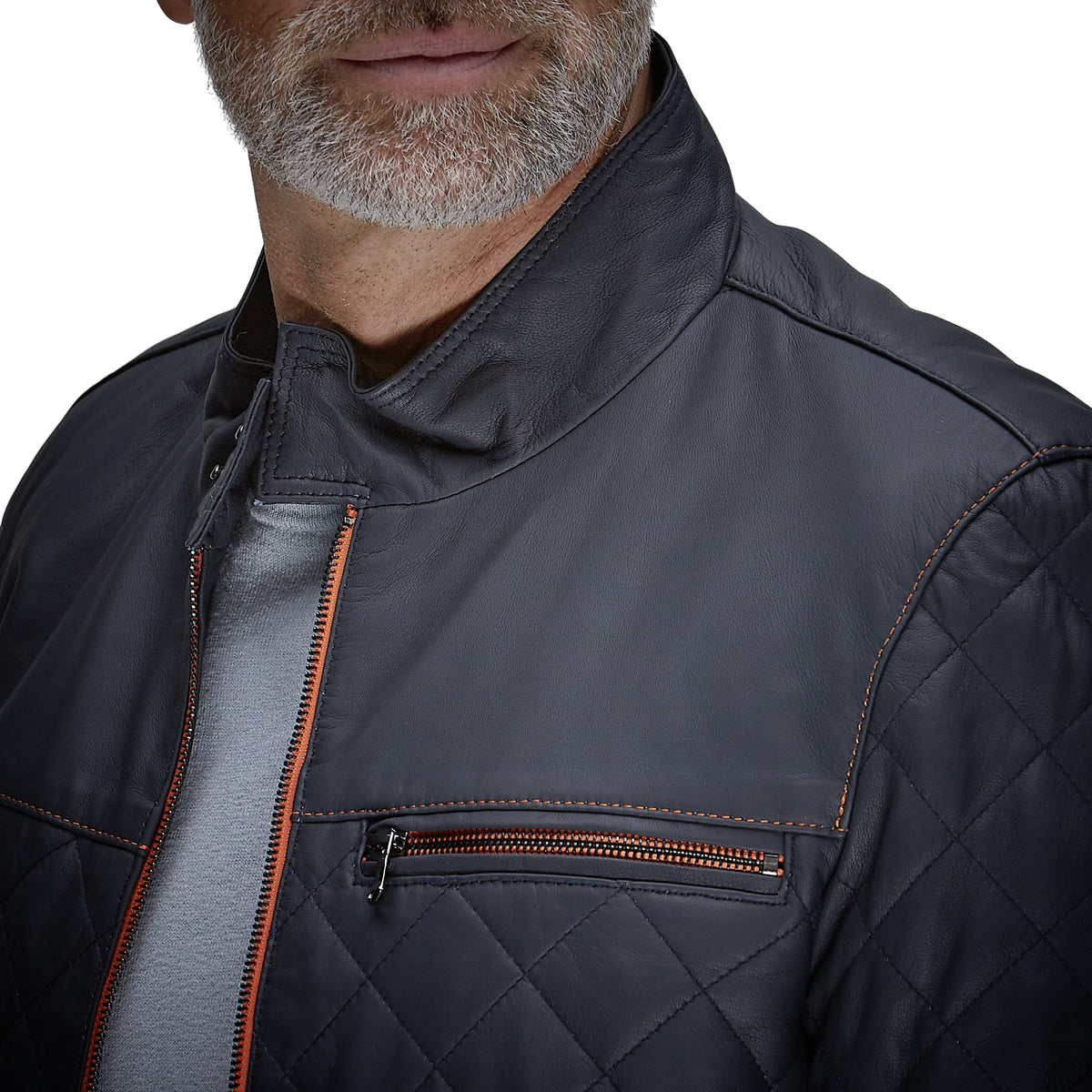 Men's Belrose Lambskin Leather Jacket in Contrast Indigo-Orange