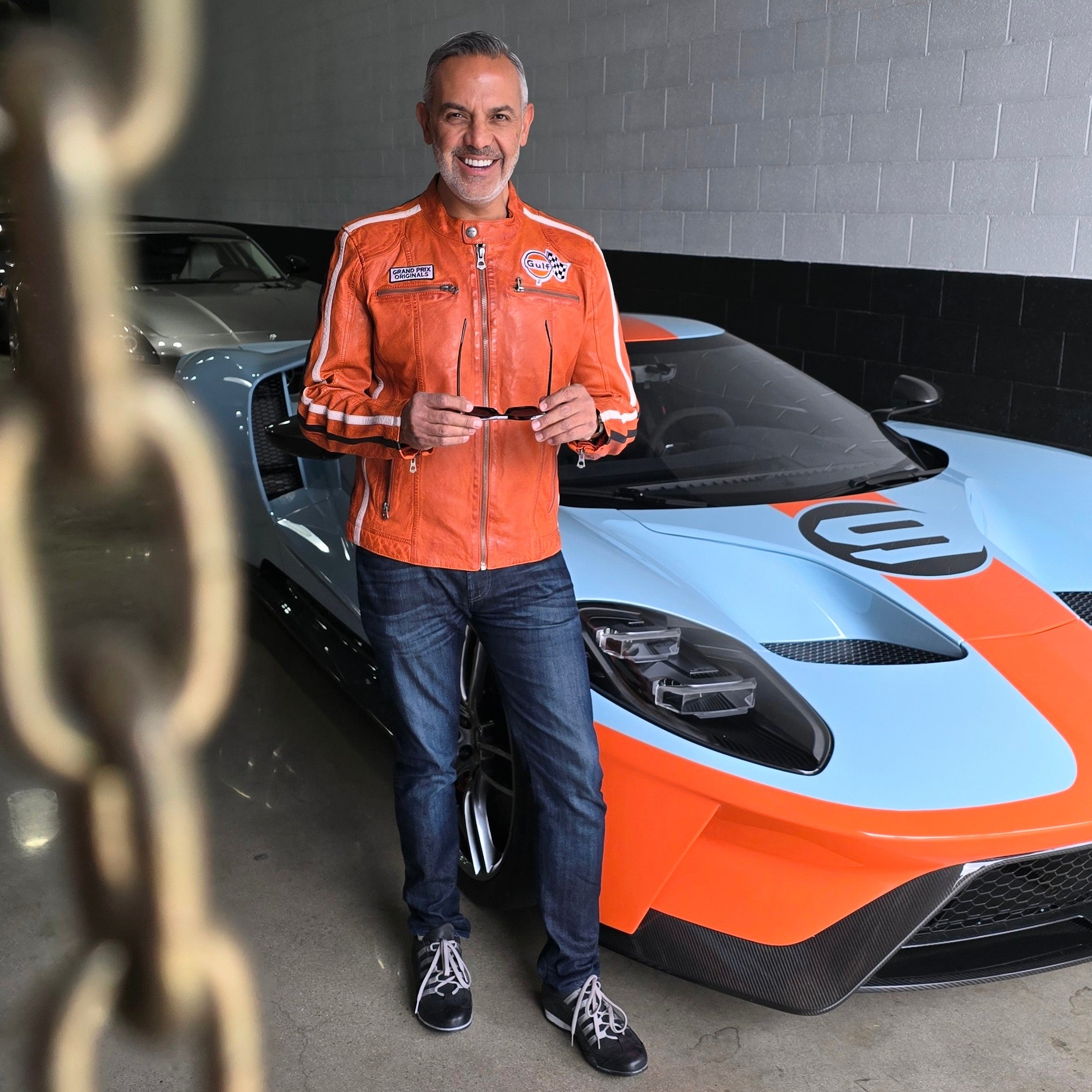 Men's Gulf Lambskin Leather Racing Jacket in Vintage GT Orange