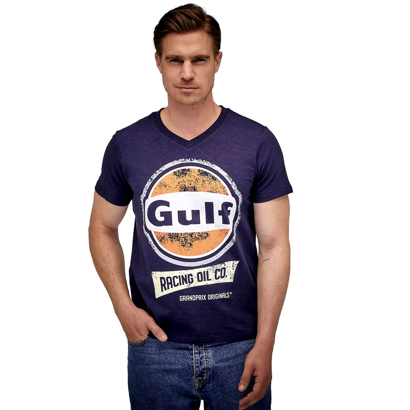 Gulf Racing Oil V-Neck T-Shirt in Navy