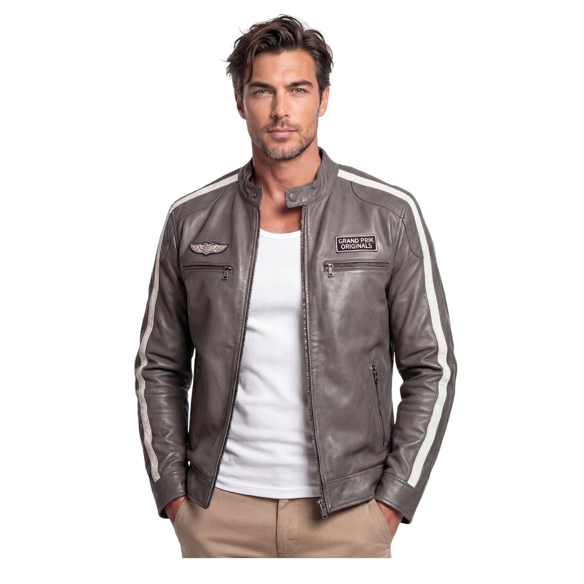 Men's Lambskin Leather Racing Jacket in Classic Gunmetal Grey