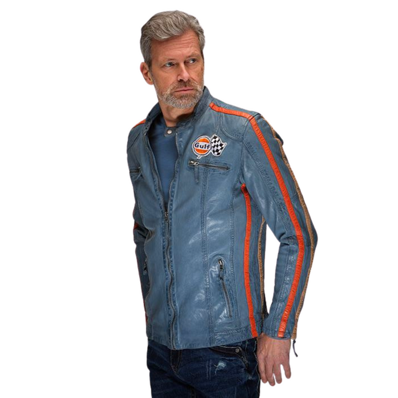 Men's Lambskin Leather Racing Jacket in Gulf Blue