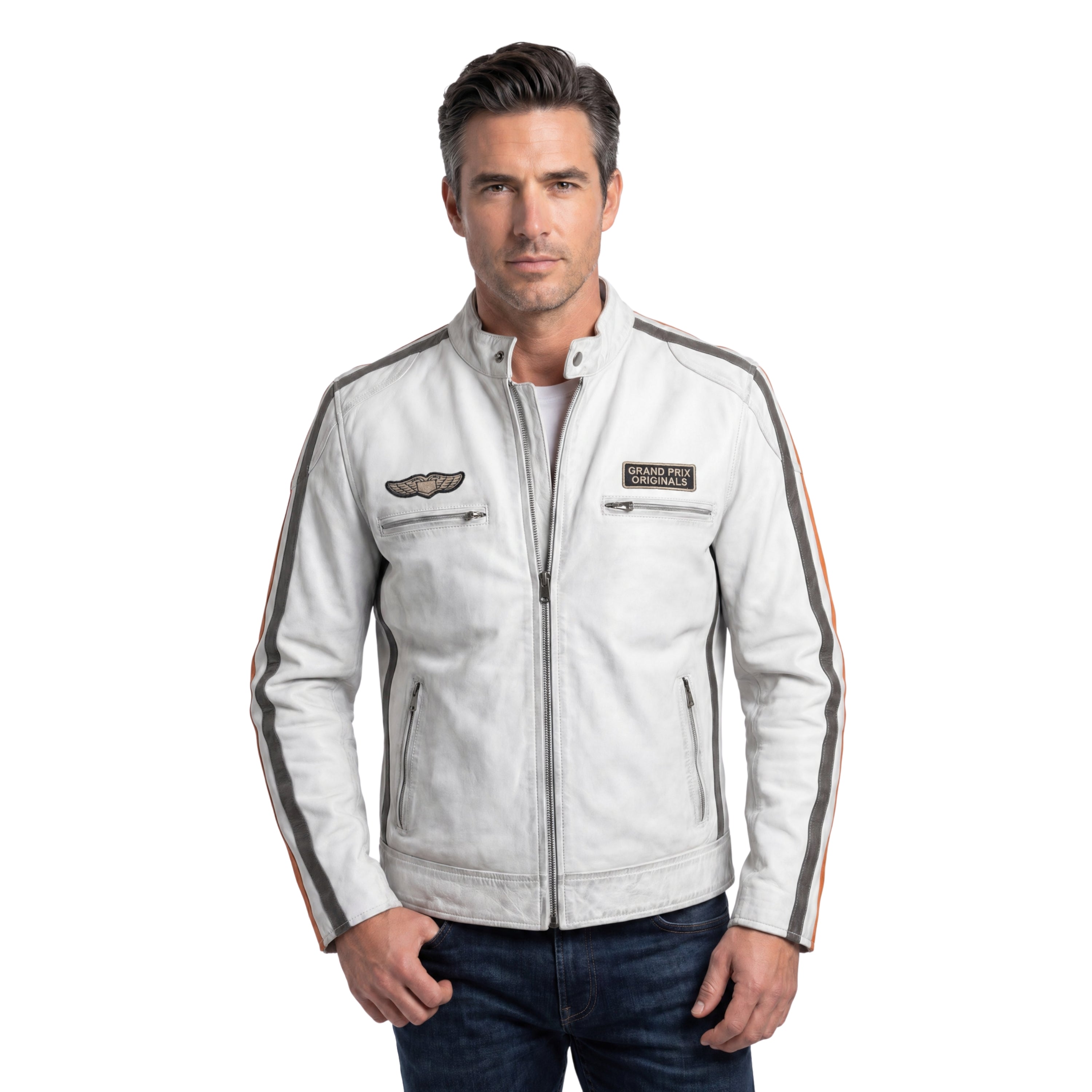 Men's Lambskin Leather Racing Jacket in Vintage White – GrandPrix