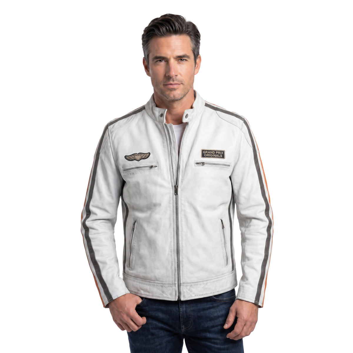 Men's Lambskin Leather Racing Jacket in Vintage White