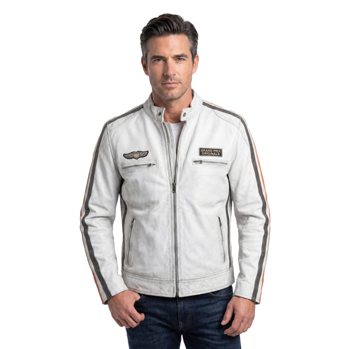 Men's Lambskin Leather Racing Jacket in Vintage White