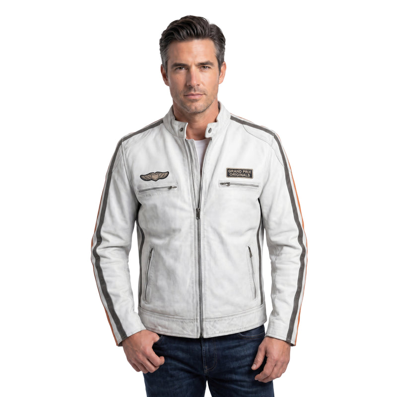 Men's Lambskin Leather Racing Jacket in Vintage White