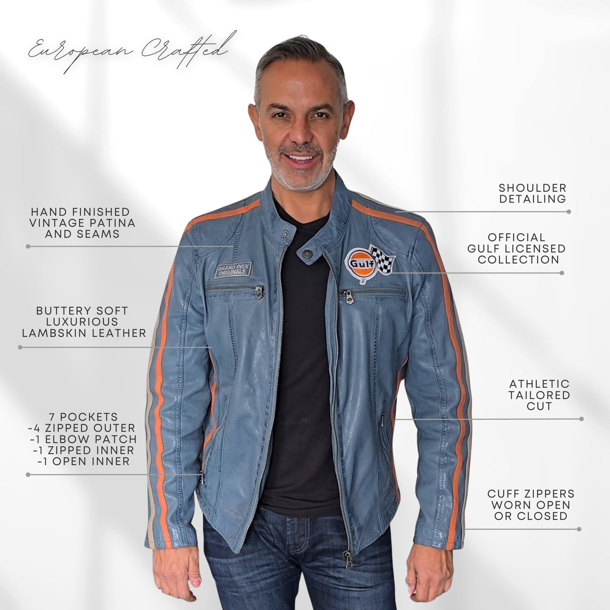 Men's Gulf Lambskin Leather Racing Jacket in Vintage Gulf Blue