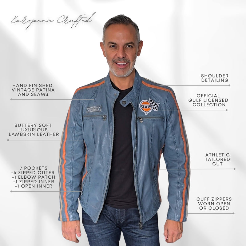 Men's Gulf Lambskin Leather Racing Jacket in Vintage Gulf Blue