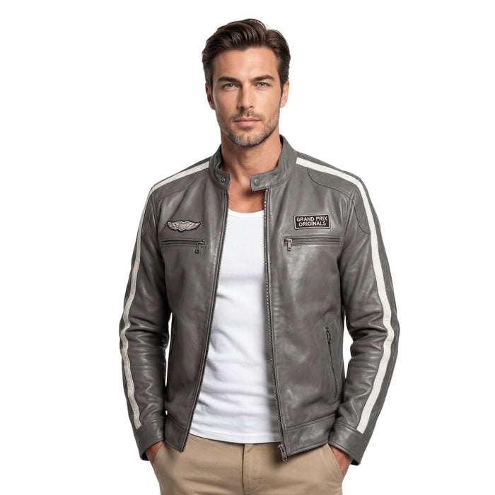 Men's Lambskin Leather Racing Jacket in Classic Gunmetal Grey