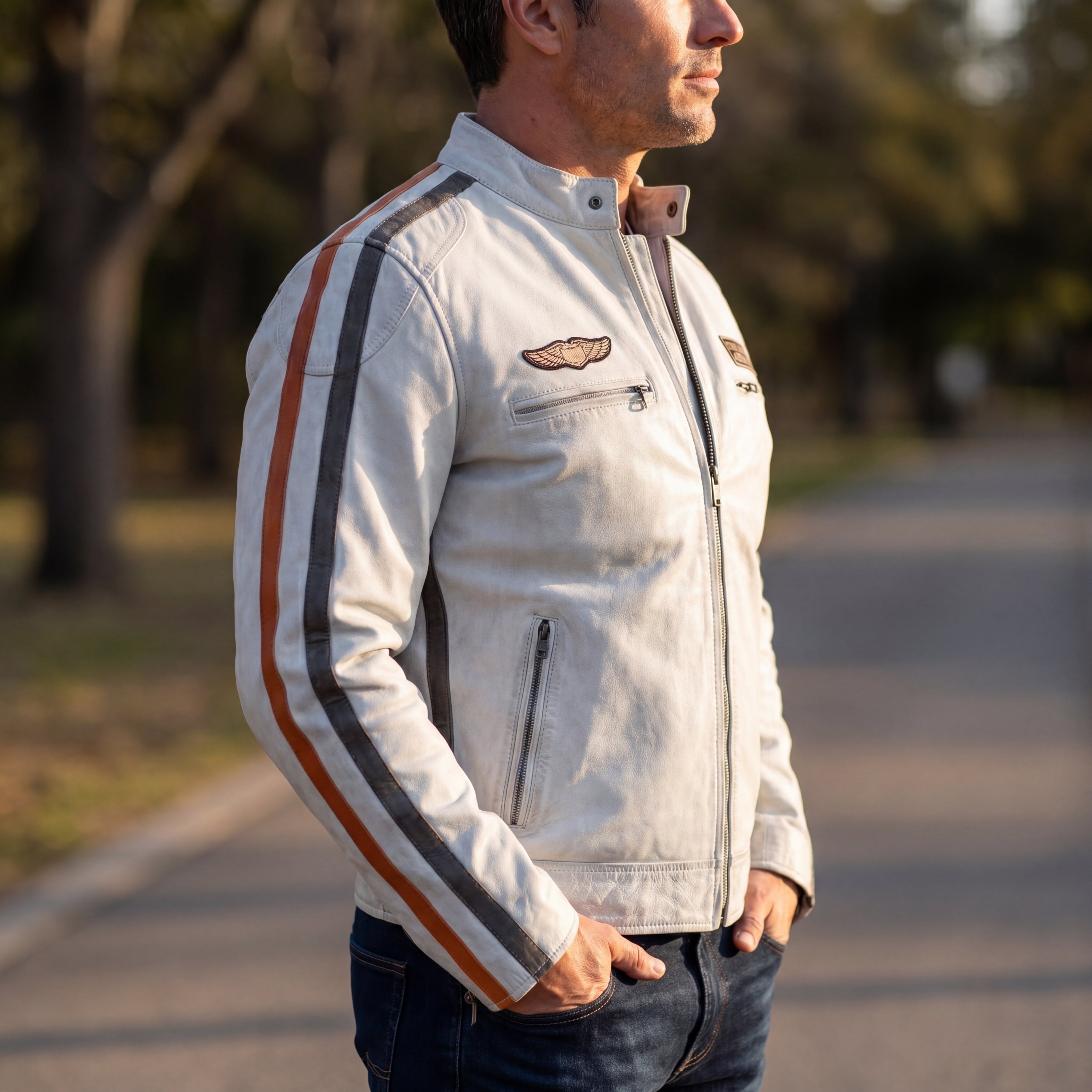 Men's Lambskin Leather Racing Jacket in Vintage White – GrandPrix