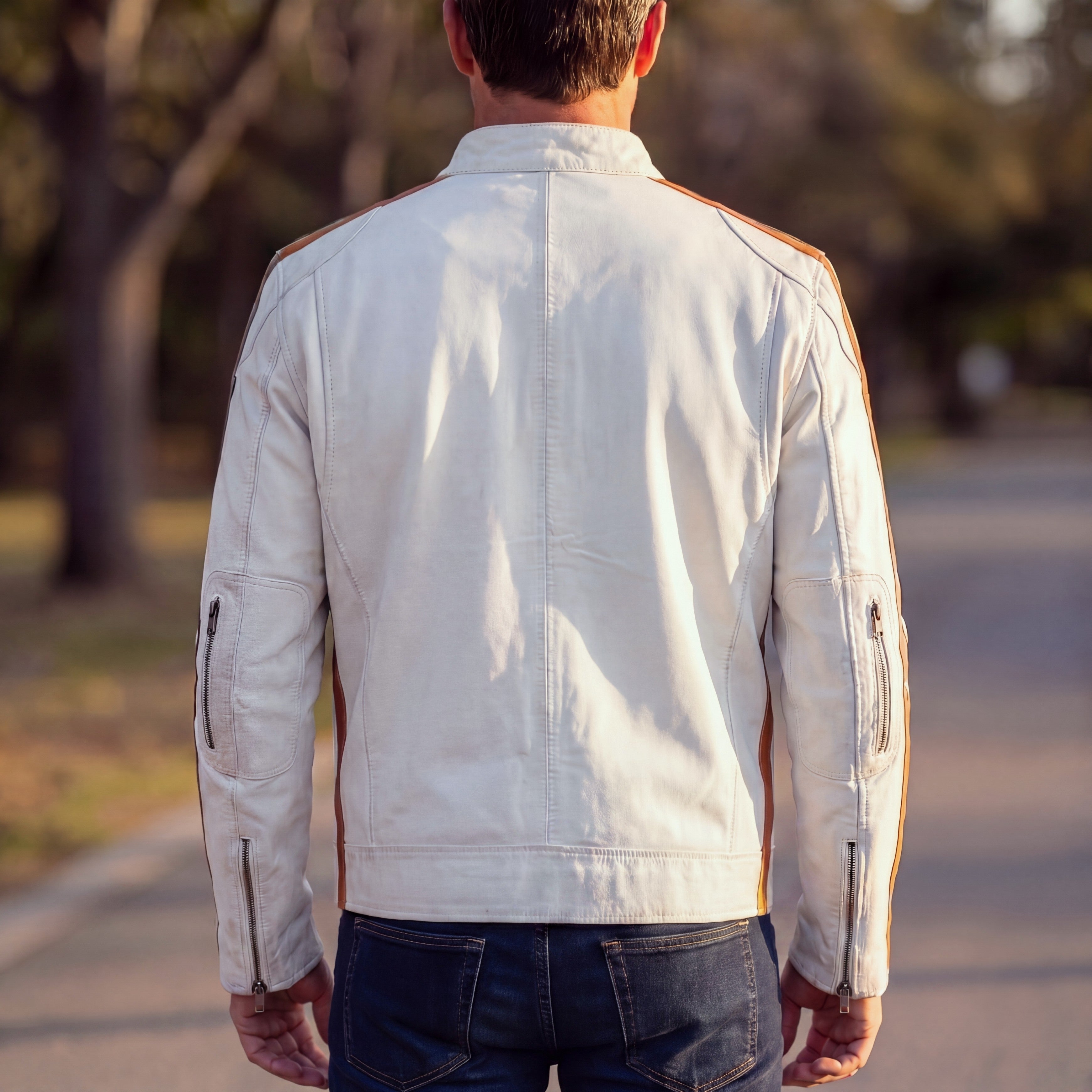 Men's Lambskin Leather Racing Jacket in Vintage White – GrandPrix