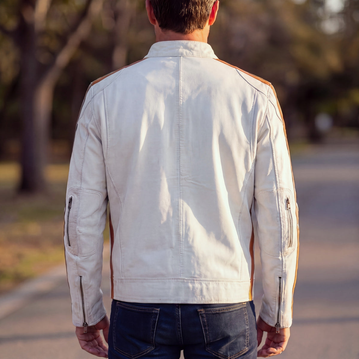 Men's Lambskin Leather Racing Jacket in Vintage White