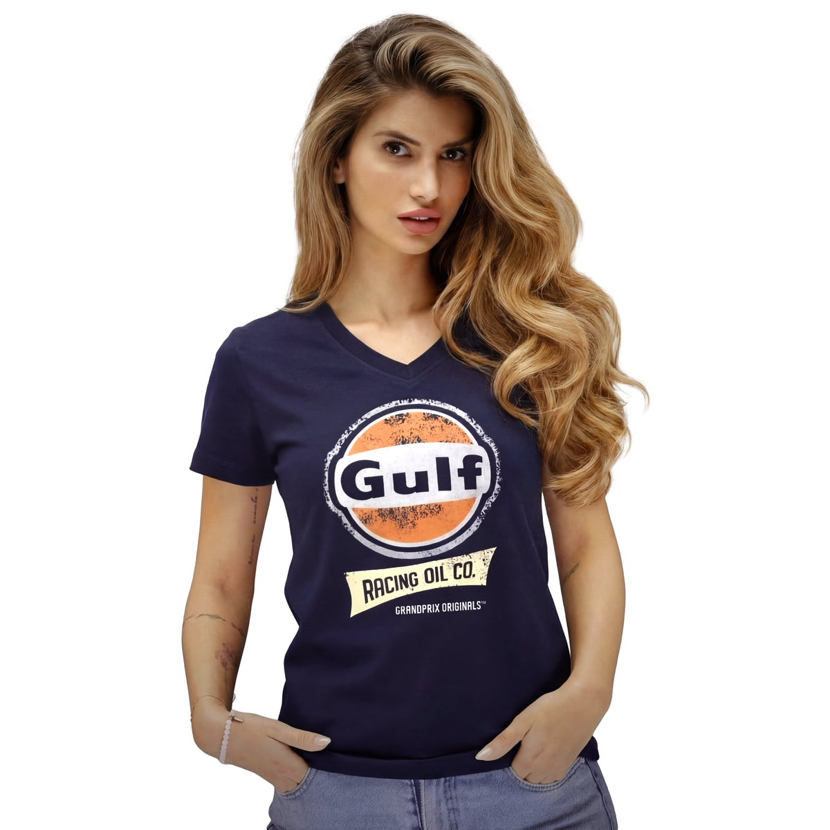 **NEW** Women's Gulf Racing Oil V-Neck T-Shirt in Navy