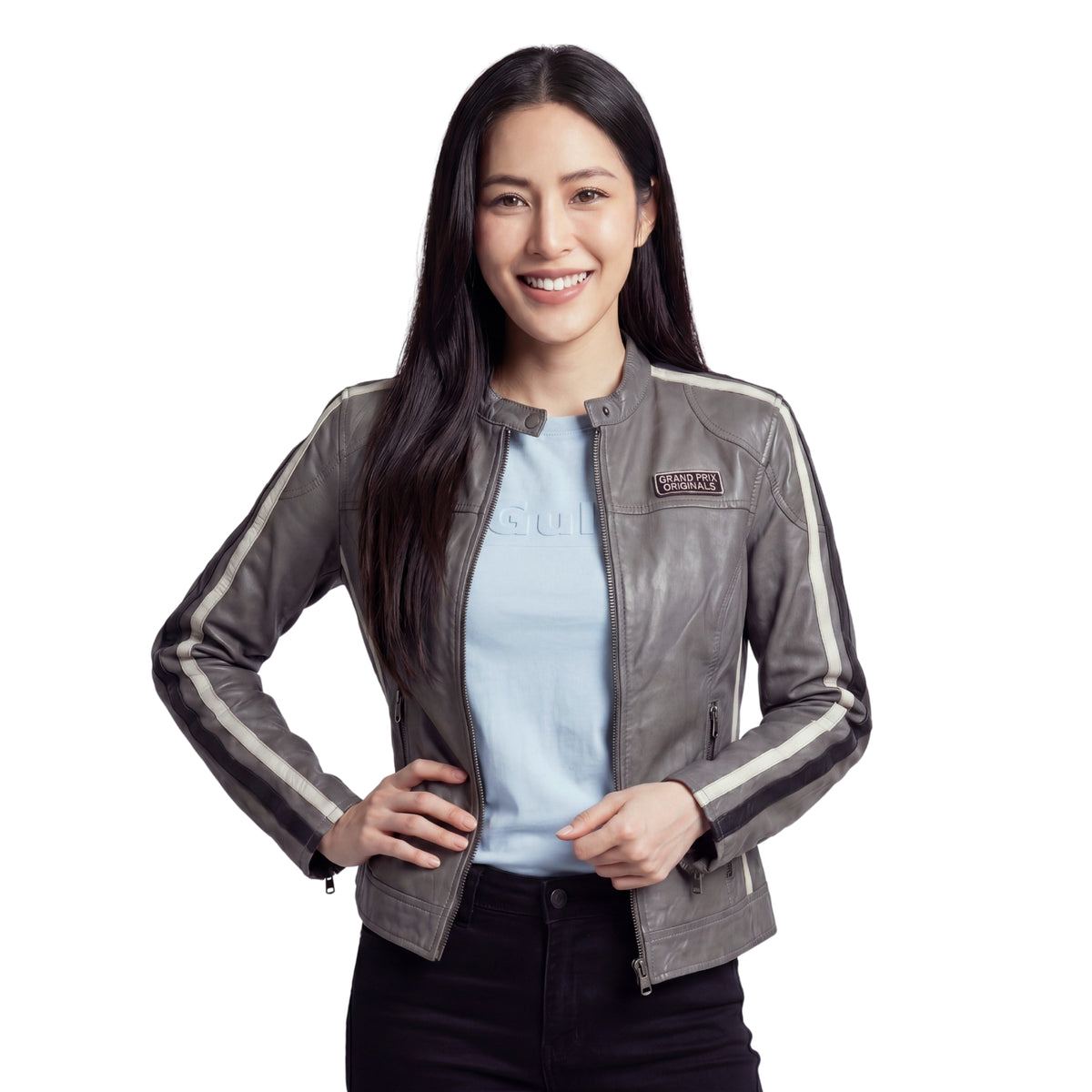 Women's Lambskin Leather Racing Jacket in Classic Gunmetal Grey