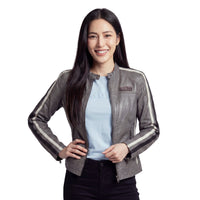 Women's Lambskin Leather Racing Jacket in Classic Gunmetal Grey