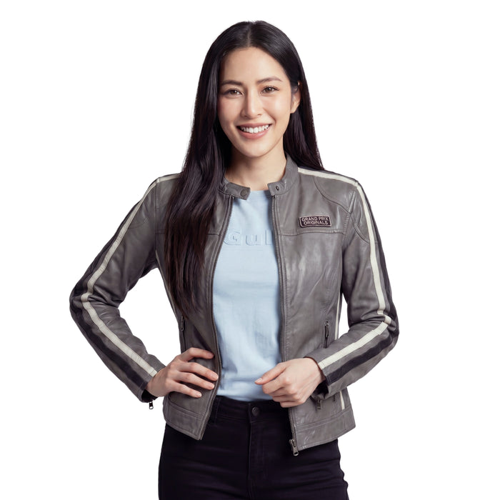 Women's Lambskin Leather Racing Jacket in Classic Gunmetal Grey