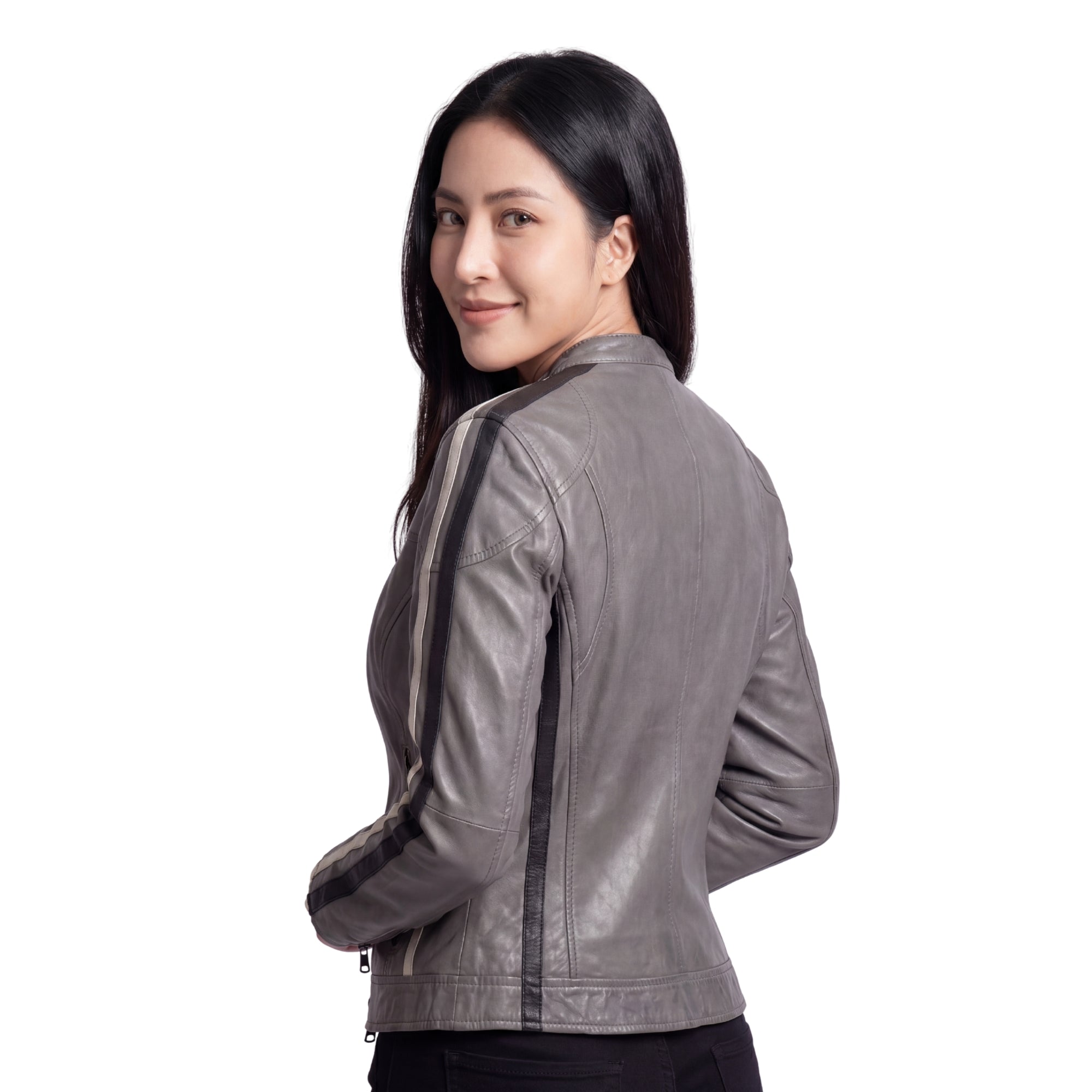 Women's Lambskin Leather Racing Jacket in Classic Gunmetal Grey