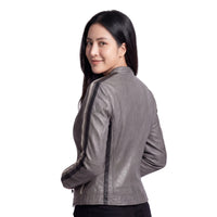 Women's Lambskin Leather Racing Jacket in Classic Gunmetal Grey