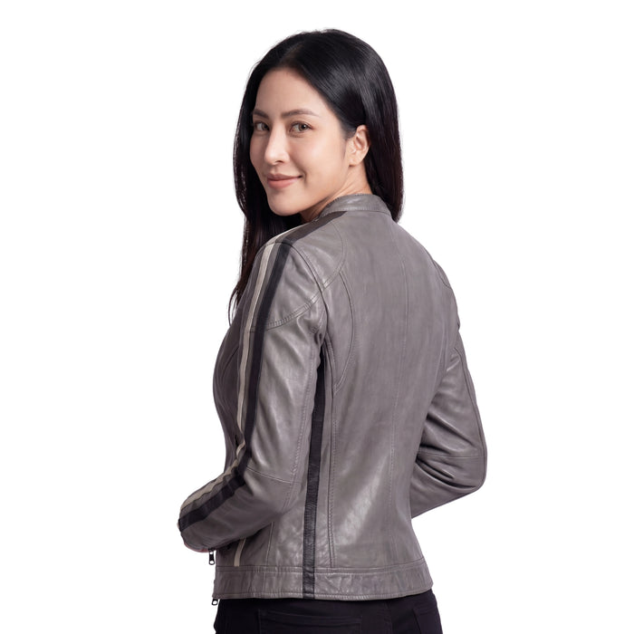 Women's Lambskin Leather Racing Jacket in Classic Gunmetal Grey