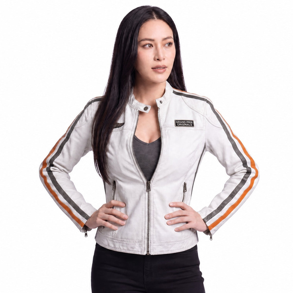 Women's Lambskin Leather Racing Jacket in Vintage White