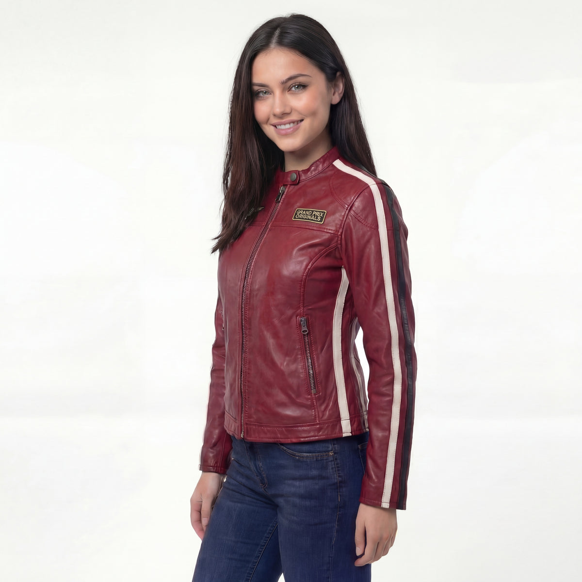 Women's Lambskin Leather Racing Jacket in Classic Oxblood Red