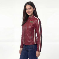 Women's Lambskin Leather Racing Jacket in Classic Oxblood Red