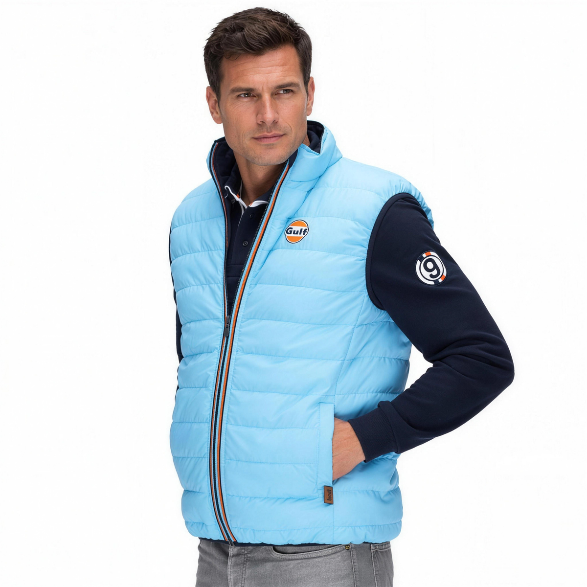 Gulf Reversible Puffer Vest in Gulf Blue, angled view
