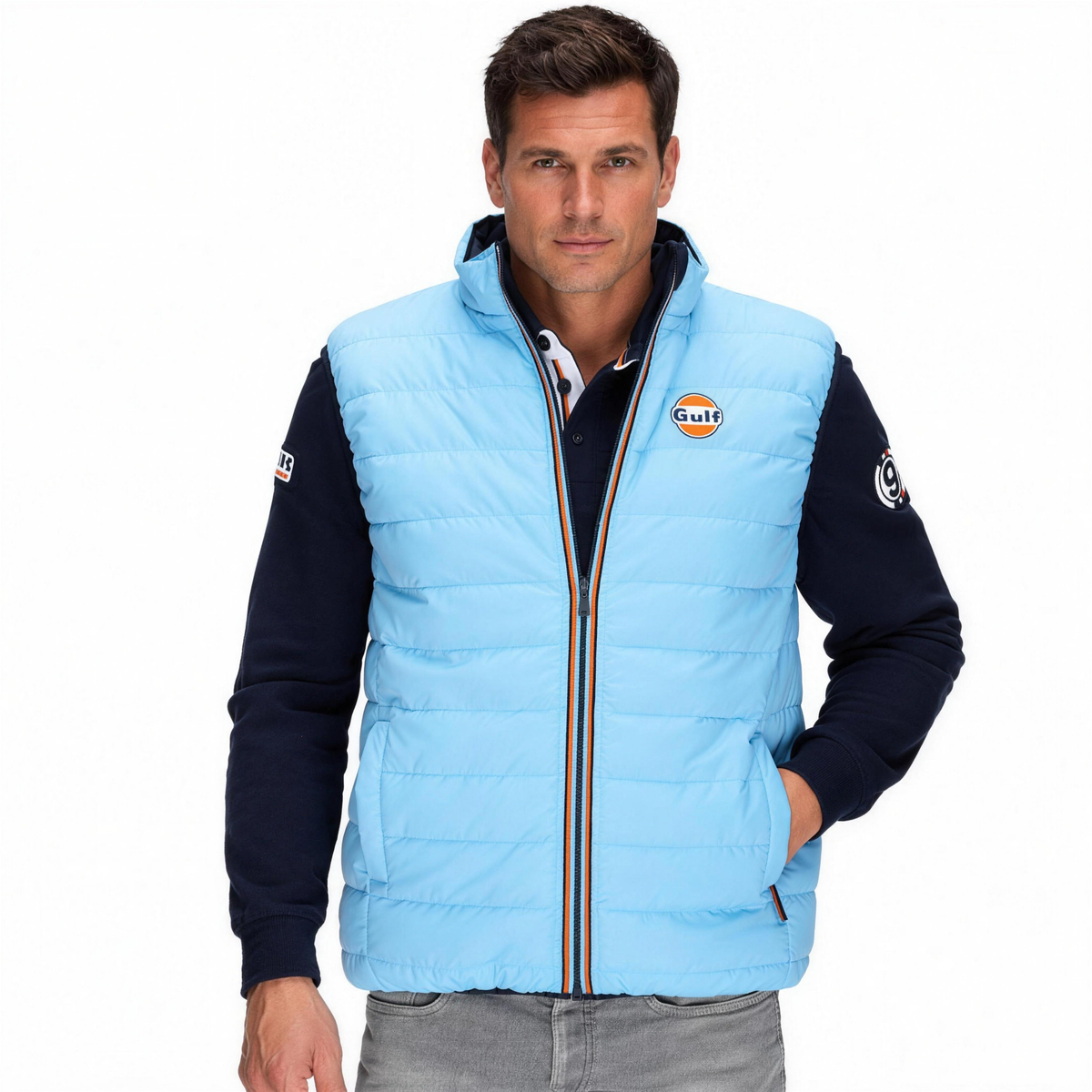 Gulf Reversible Puffer Vest in Gulf Blue, hand in pocket