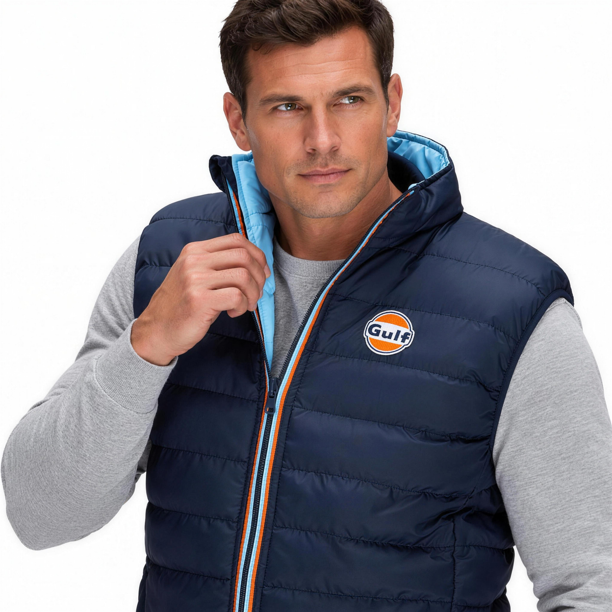 Gulf Reversible Puffer Vest in Navy, collar detail
