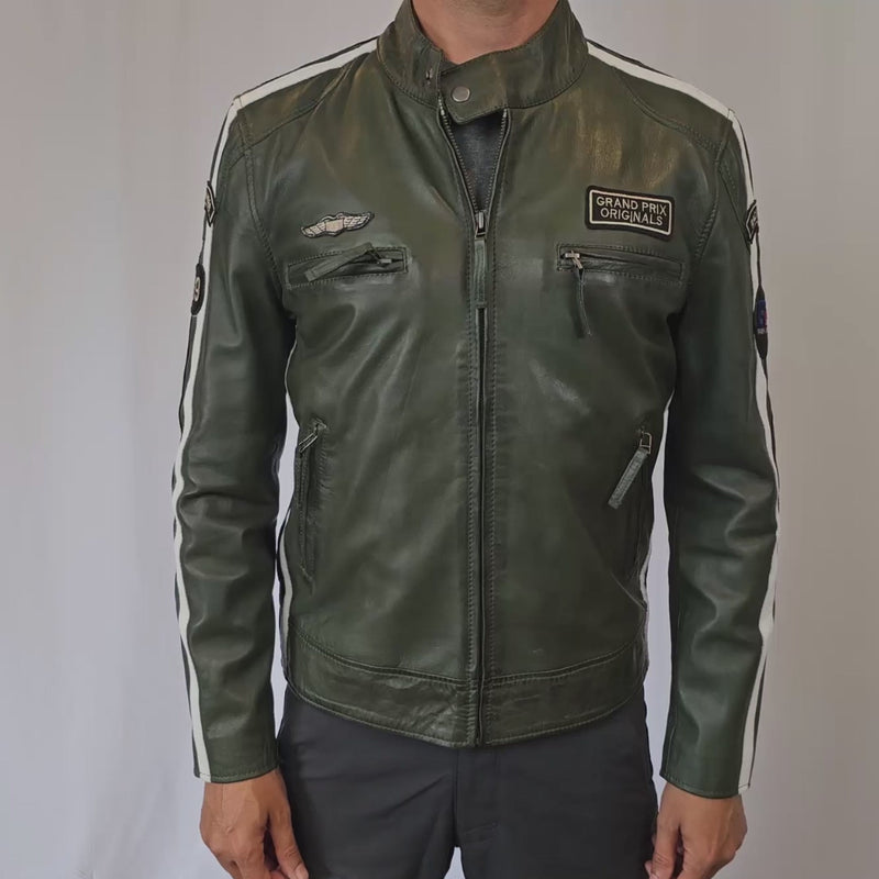 Men's Lambskin Leather Racing Jacket in GP Olive