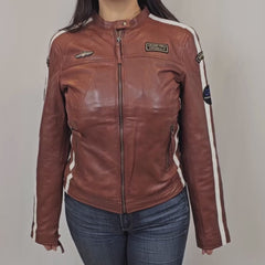 Women's Lambskin Leather Racing Jacket in Classic Cognac