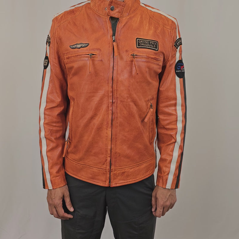 Men's Lambskin Leather Racing Jacket in GT Orange