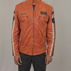 Men's Lambskin Leather Racing Jacket in GT Orange