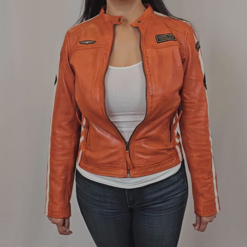 Women's Lambskin Leather Racing Jacket in GT Orange
