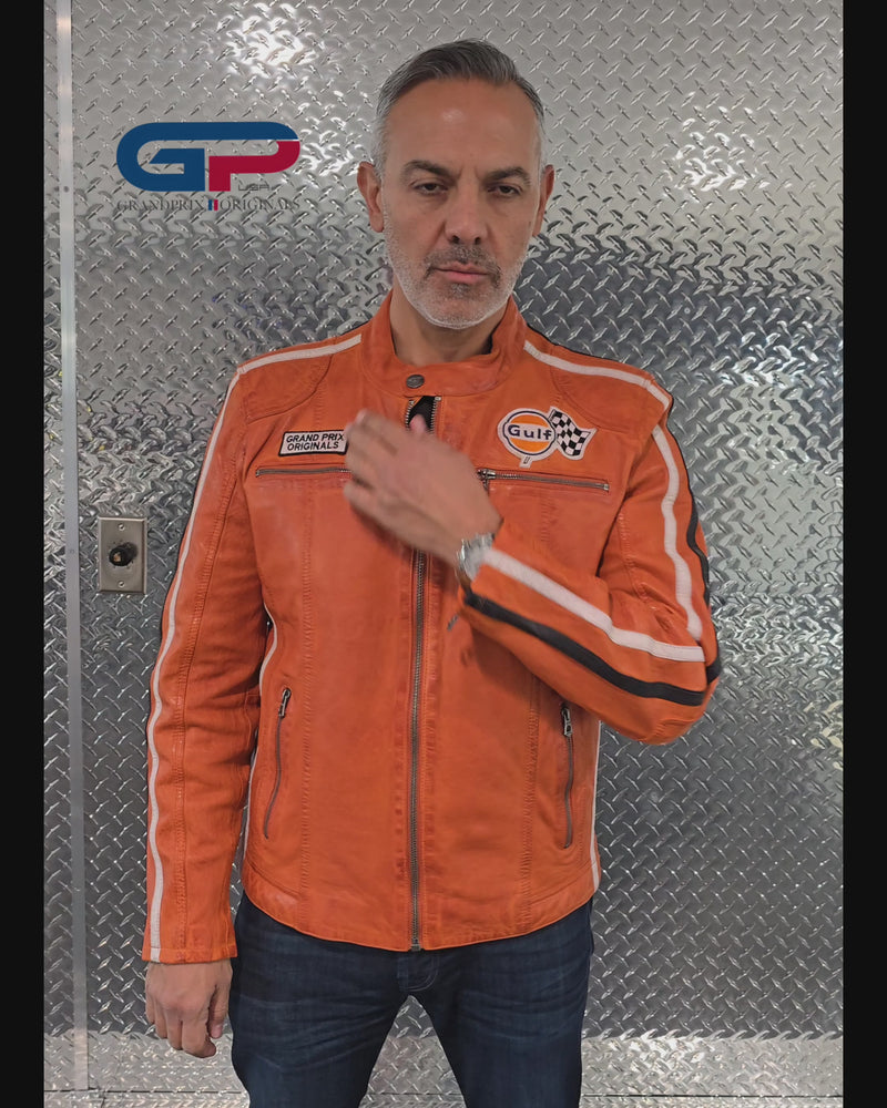 Men's Gulf Lambskin Leather Racing Jacket in Vintage GT Orange