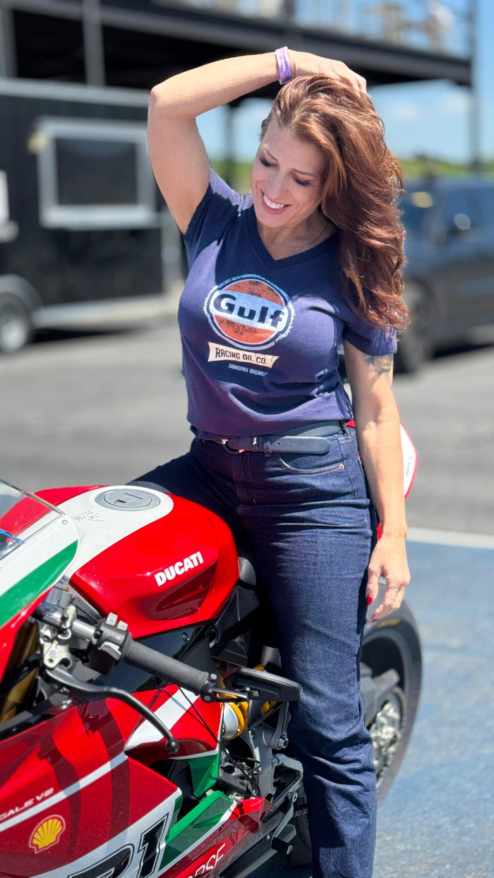 **NEW** Women's Gulf Racing Oil V-Neck T-Shirt in Navy